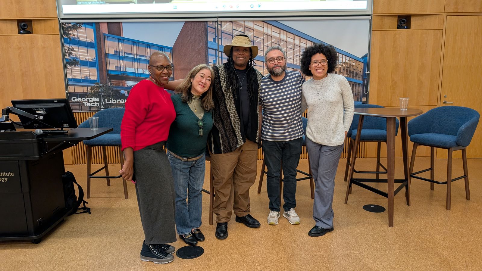 The AI and Worldbuilding panel on stage at the Georgia Tech Library for the Sci-Fi Film Festival.