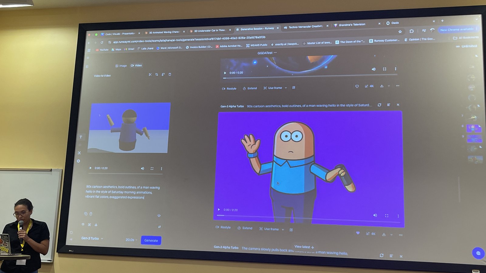 A Code to Visuals workshop session with generative 3D character work on the projection screen.